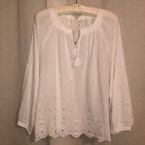 Lucky Brand L White Cotton Embroidered Blouse Scalloped Hem Tassel Ties